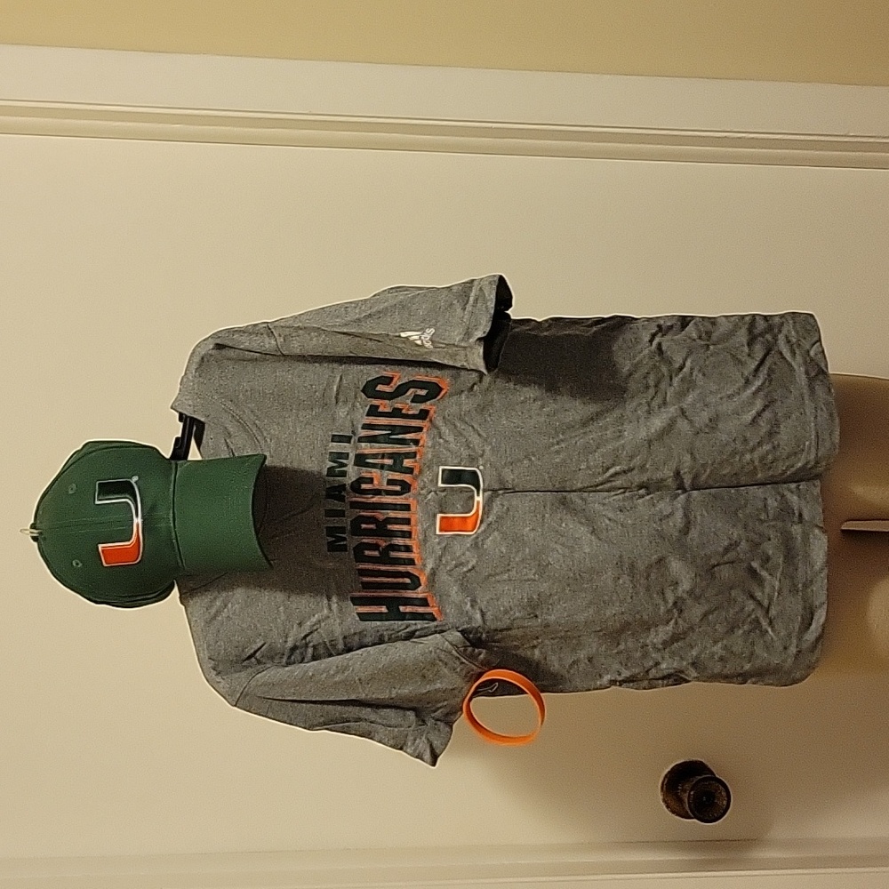 NWT: UM Miami Hurricanes adidas t-shirt, cap and wristband